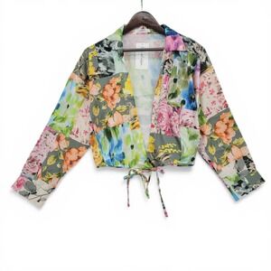 12th Tribe Cottagecore Patchwork Floral Blouse Sheer Tie Front Boho Womens L
